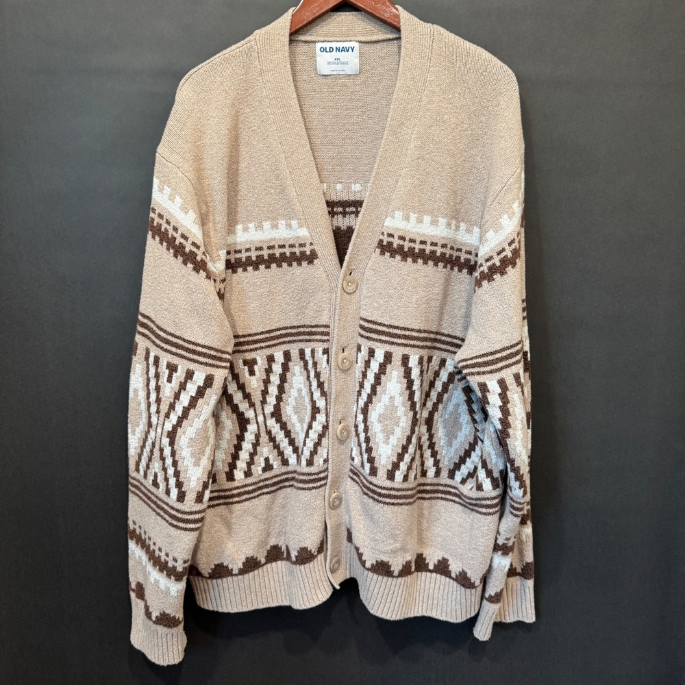 Old Navy Mens XXL Cardigan Sweater Beige Brown Geometric Southwestern V-Neck